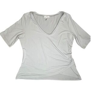 Leith Blouse Ruching Light Gray Top L Womens Faux Wrap V Neck‎ Short Sleeve Work